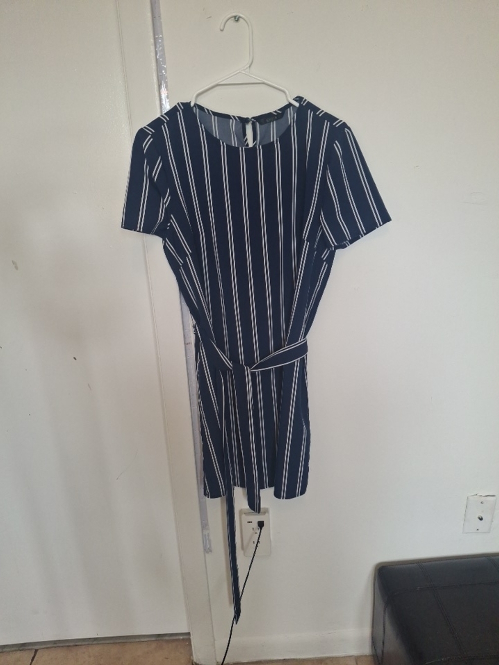 SHEIN Navy & White Vertical Stripe Short Sleeve Mini Dress